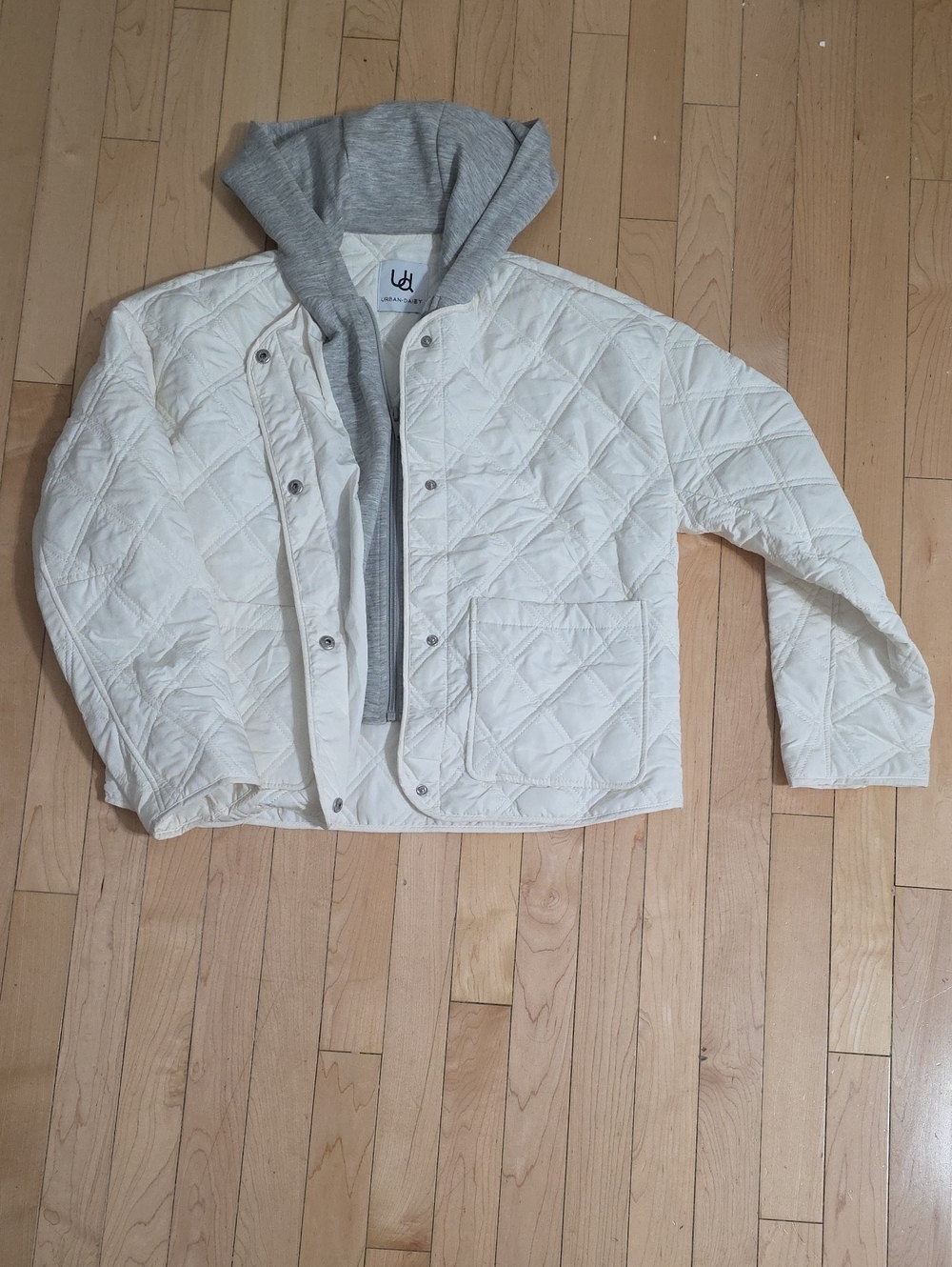 Women's Cream Quilted Puffer Jacket with Gray Hood - Layered Look